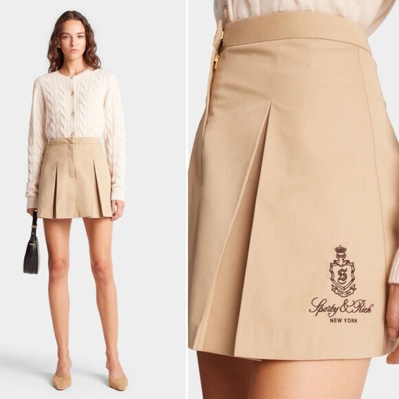 NWT Sporty & Rich Vendome Box Pleat Skirt - Beige/Chocolate size XL $225 MSRP - Picture 1 of 9